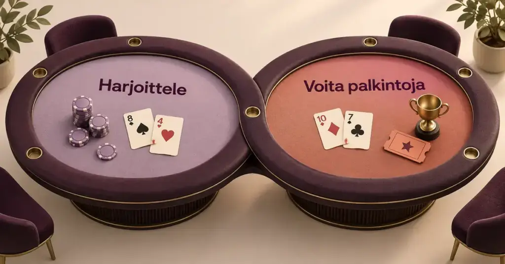 Kahdeksikon muotoinen pokeripöytä havainnollistaa leikkirahalla harjoittelua ja freeroll-turnausten palkintoja pelikorteilla, pelimerkeillä, pokaalilla ja turnauslipulla.