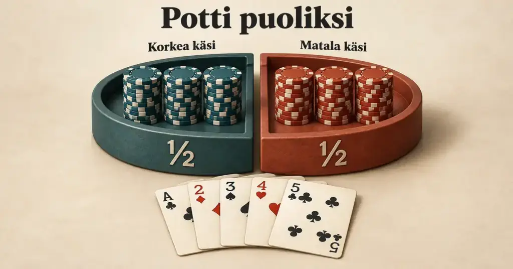 Omaha Hi-Lon pelimerkkipotti jakautuu tasan korkean ja matalan käden kesken, ja edessä näkyy paras matala käsi A–2–3–4–5.
