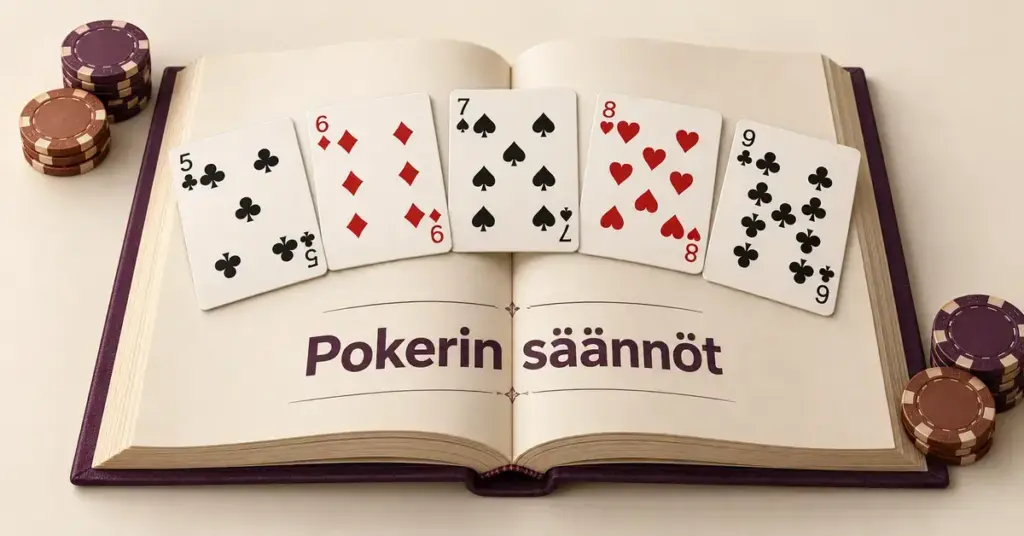 Avoimen pokerin sääntökirjan päällä on viidestä yhdeksään ulottuva suora ja kirjan vieressä pelimerkkipinoja.