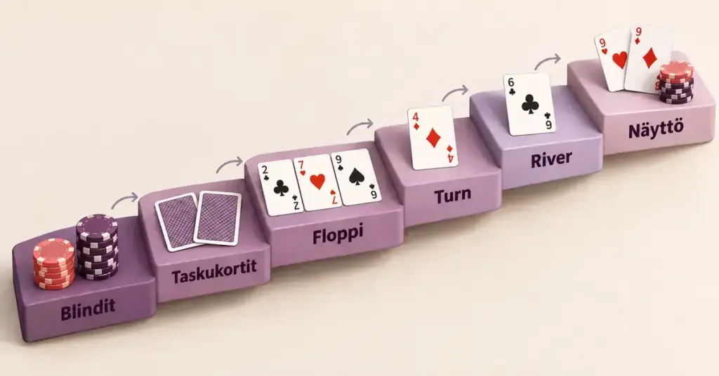 Texas Hold’emin pelivaiheet etenevät portaikkona blindeistä ja taskukorteista flopin, turnin ja riverin kautta korttien näyttöön.