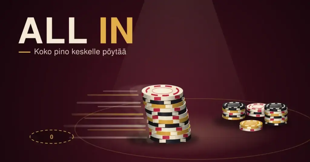 Koko pelimerkkipino liukuu tyhjäksi jääneeltä pelaajan paikalta kohti pöydän keskellä olevaa pottia tekstin ”ALL IN – Koko pino keskelle pöytää” alla.
