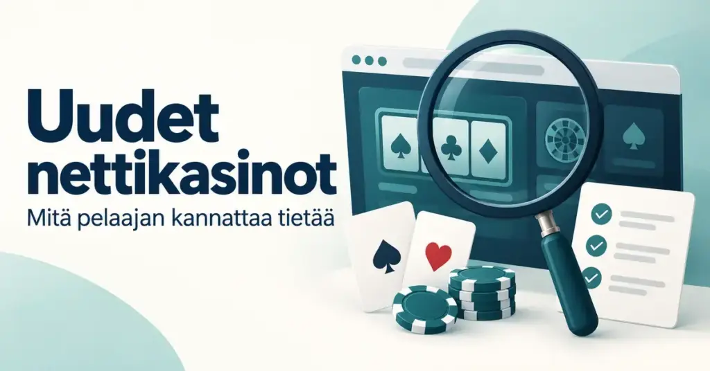 Uusia nettikasinoita käsittelevä kuvitus, jossa suurennuslasi tarkastelee pelisivustoa pelikorttien, pelimerkkien ja tarkistuslistan vieressä.